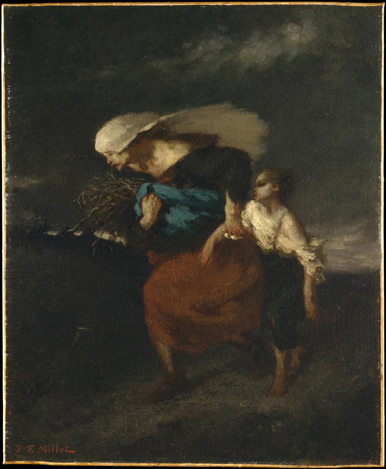 Pintura: uma mulher carregando lenha e uma criança caminham contra o vento de uma tempestade, de Jean-François Millet